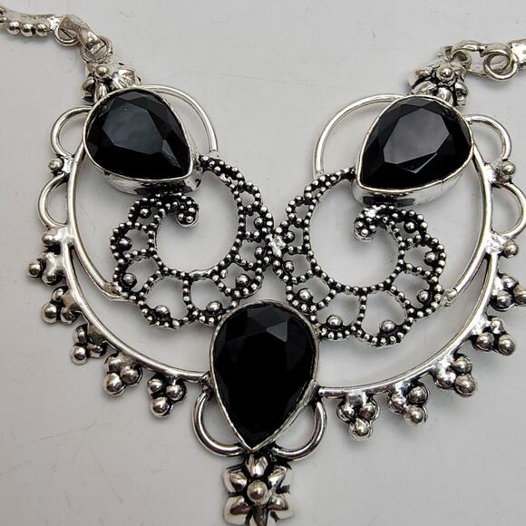 Simulated Black Onyx Sterling Silver Necklace - Intricate 22-Inch Statement - Picture 4 of 9